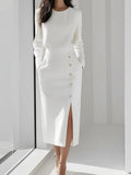 Long-sleeved, Solid Color, Round Neck, Fitted Waist, Button-down, Slit Midi Dress