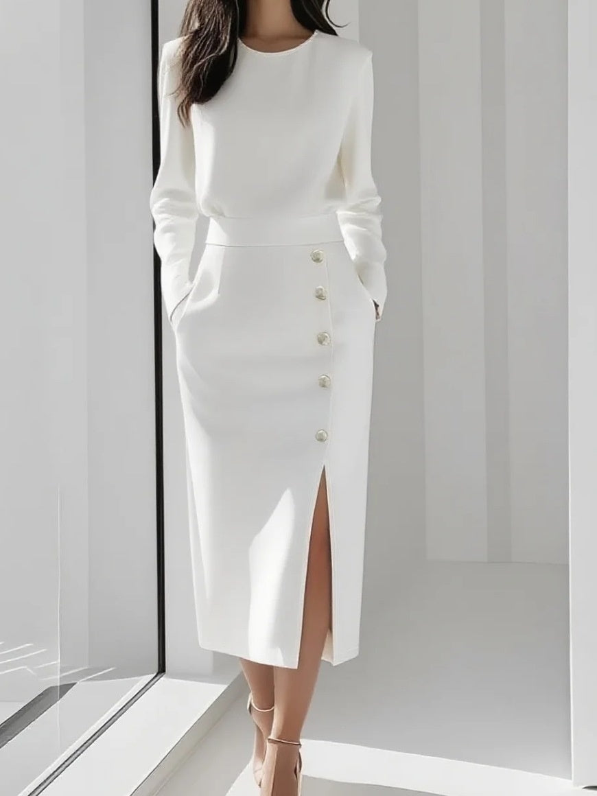 Long-sleeved, Solid Color, Round Neck, Fitted Waist, Button-down, Slit Midi Dress