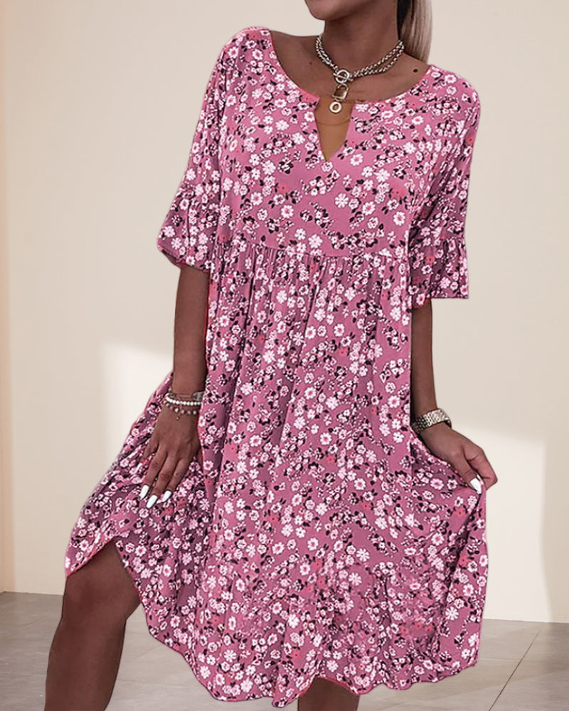 | Elegant Half-Sleeved Dress in Floral Cotton