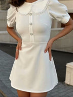 Color-blocked Detachable Peter Pan Collar Buttons Short Sleeves Mini&Short Dresses