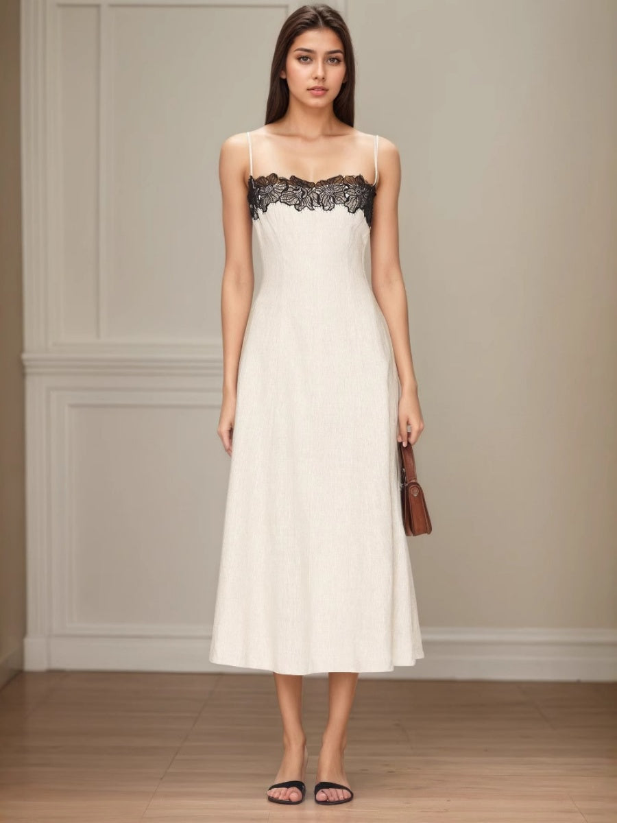 Lace Stitching Grace Temperament White Maxi Dresses