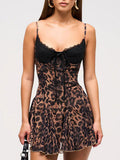 Leopard Print Lace Patchwork High-waisted A-line Skirt Mini&Short Dresses