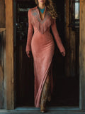 Long-sleeved Tassels Long Dress With Slit