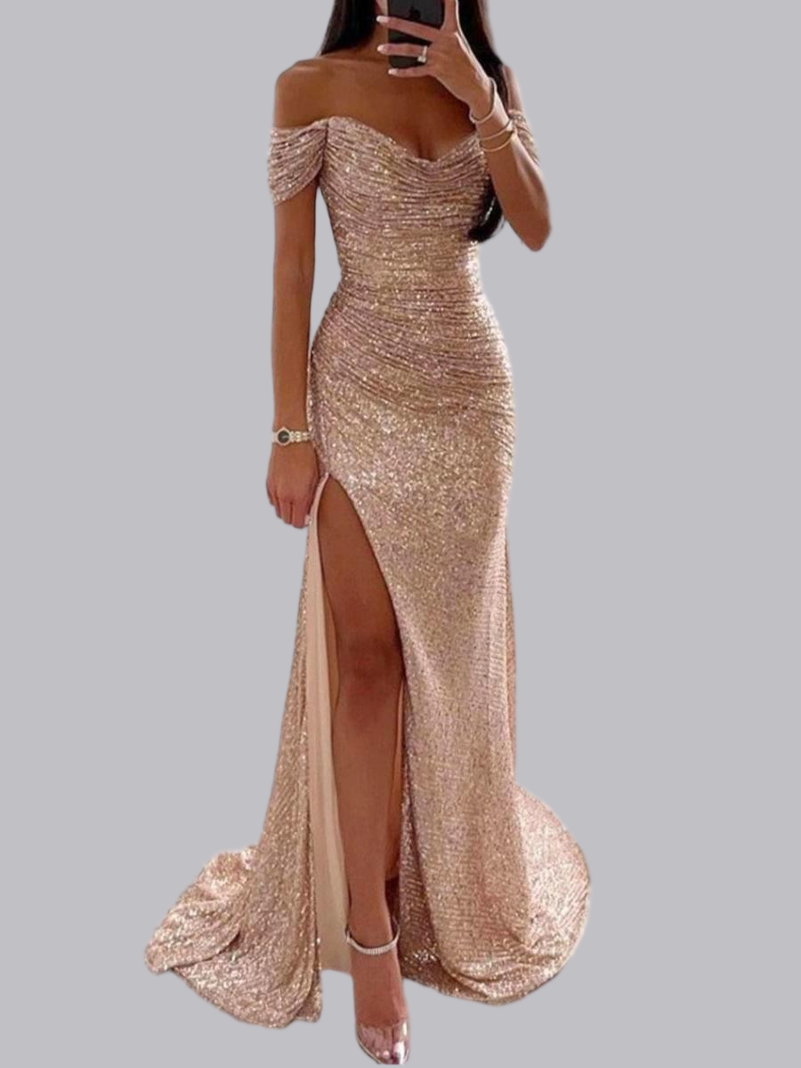 Sequins One-shoulder Collar Slit Pleated Maxi Dresses