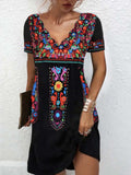 Scalloped V-Neck Short Sleeve Folk Embroidery Shift Mini Dress