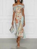 Floral Print Off-shoulder Short-sleeved Long Dress