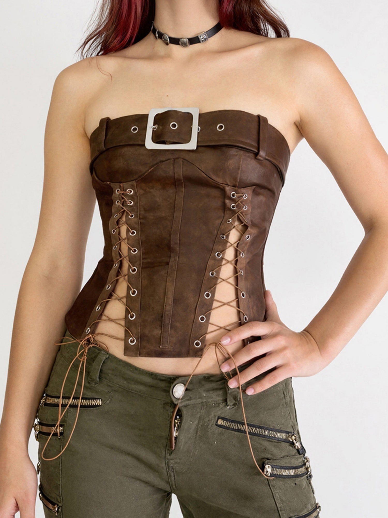 PU Leather Openwork Straps Metal Buckle Bra Strapless Vest