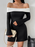 Black And White Color Blocking Off-shoulder Off Shoulder Flared Sleeves Mini&Short Dresses