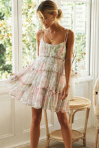 Floral Print Tie Shoulder Square Neck Tiered Ruffle Mini Dress