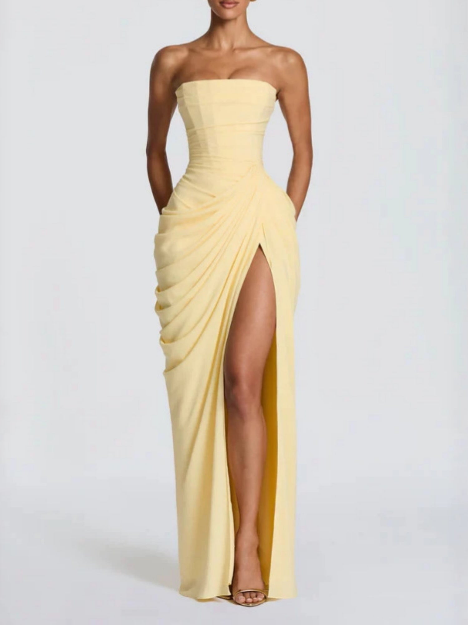 Pleated Slit Strapless Waist Maxi Dresses