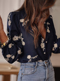 Floral Embroidery Color Block V-Neck Long-Sleeve Shirt
