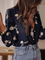 Floral Embroidery Color Block V-Neck Long-Sleeve Shirt