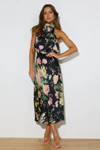 Satin Floral Print Halter Neck Cowl Neck Two Piece Set