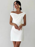 Off-the-shoulder Knitted Irregular Style Cross Neck Splicing Sleeveless Double Layer Slim-fit Short Dress