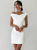 Off-the-shoulder Knitted Irregular Style Cross Neck Splicing Sleeveless Double Layer Slim-fit Short Dress