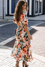 Large Scale Floral Print Deep V-Neck Flutter Sleeve High Split Maxi Dress