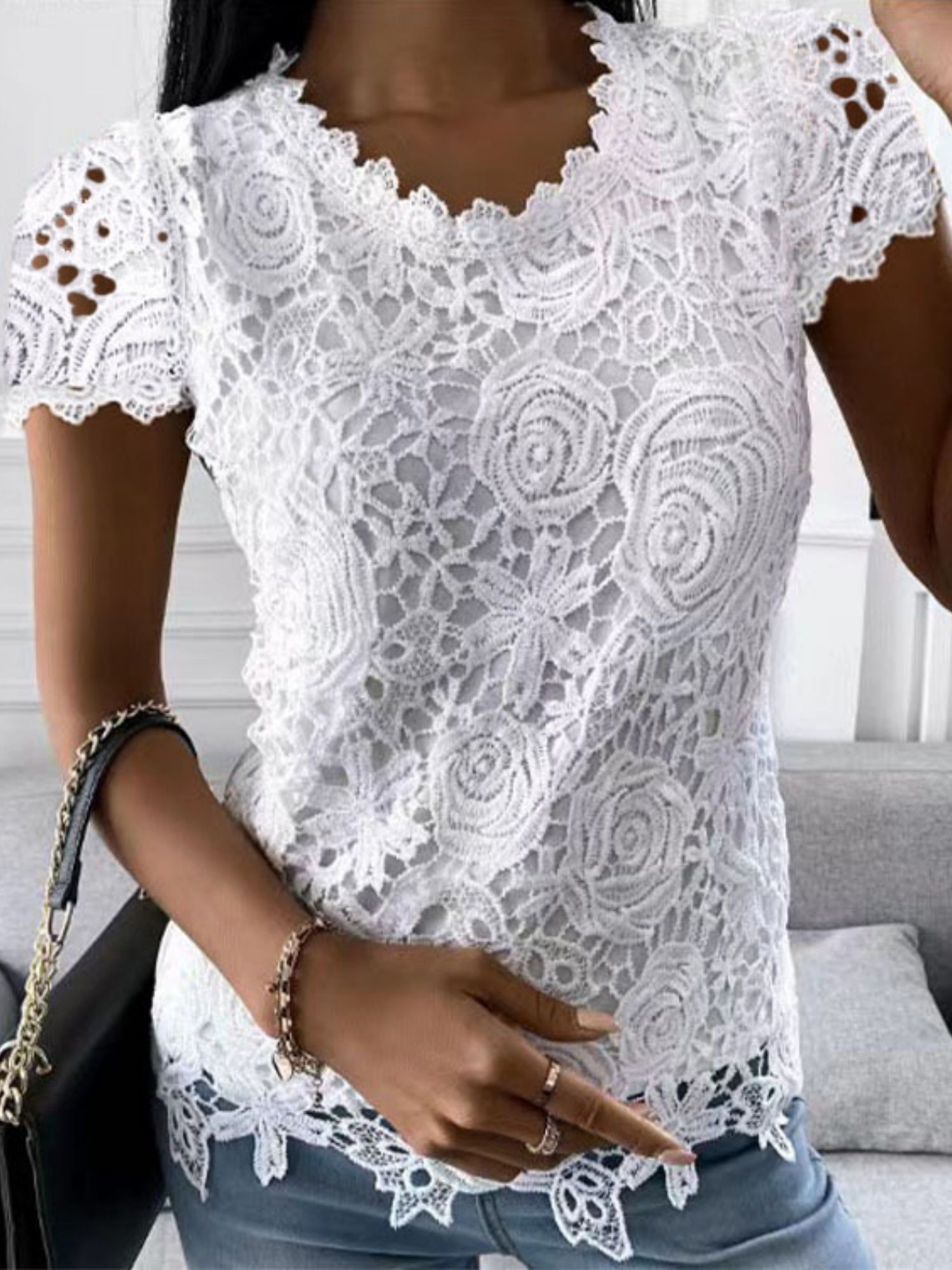 Lace Trim Crew Neck Short-sleeved T-shirt
