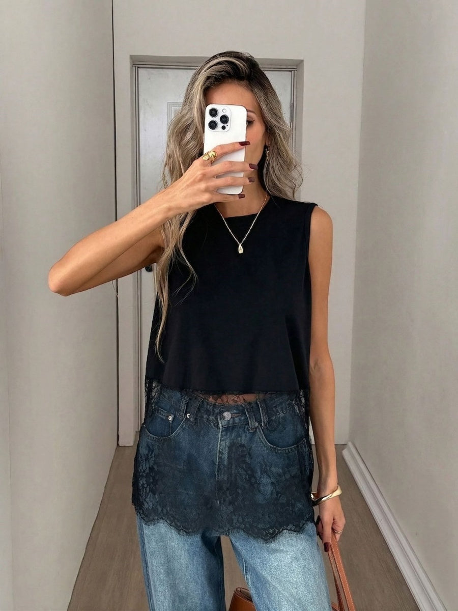 Black Sleeveless Lace Splicing Tank Tops