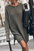 Waffle Knit Crew Neck Long Sleeve Side Slit Sweater Mini Dress