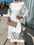 Hollow-out Long-sleeved Stand-up Collar Short Dress With Lace Trim