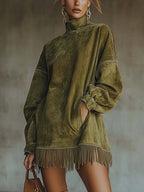 High-neck, Loose-fitting, Pocketed, Tassel Long-sleeved Suede Mini Dress