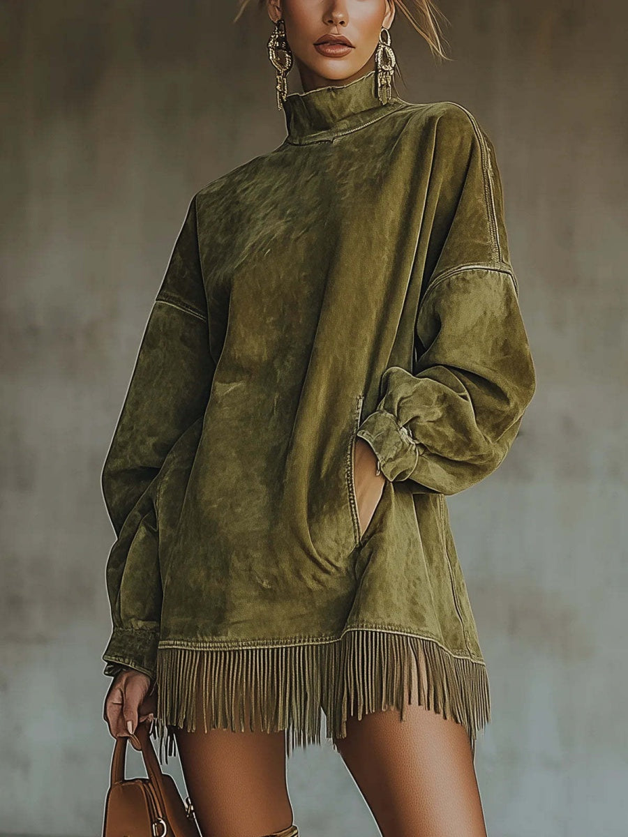 High-neck, Loose-fitting, Pocketed, Tassel Long-sleeved Suede Mini Dress