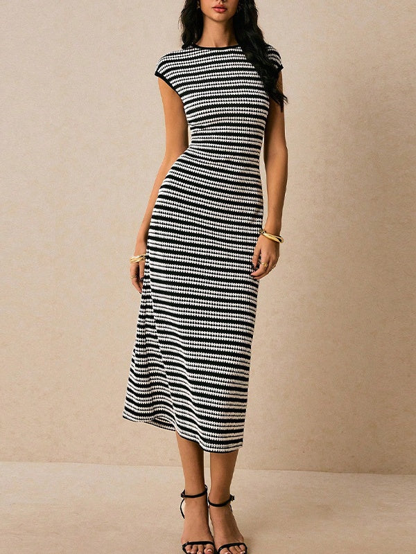 Striped Sleeveless Fitted Midi Dress