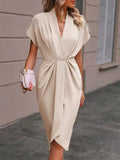 V-neck Solid Color Sleeveless Pleated Mini&Short Dresses