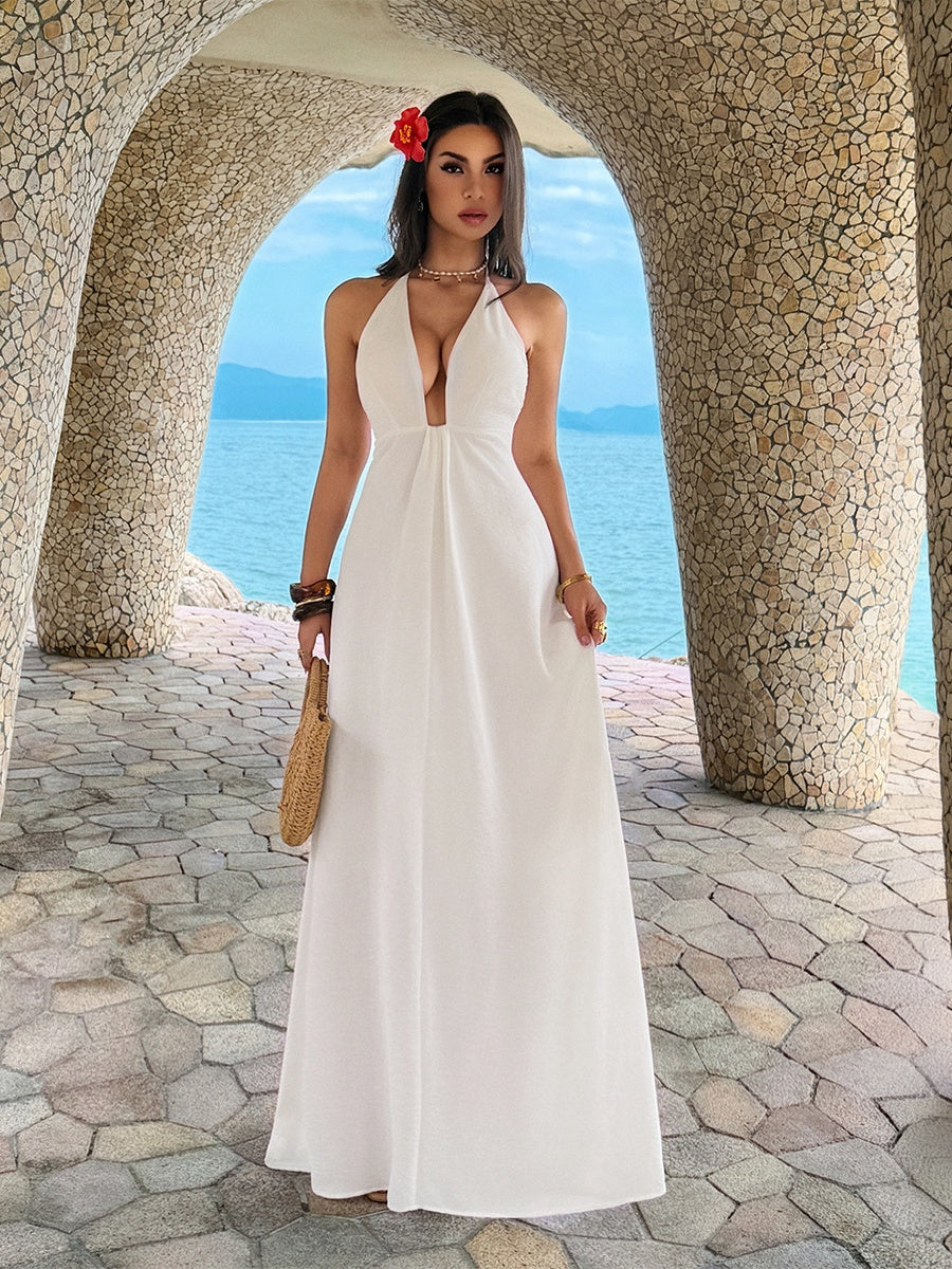White Off-shoulder Strapless Solid Color Spaghetti Strap Long Dress