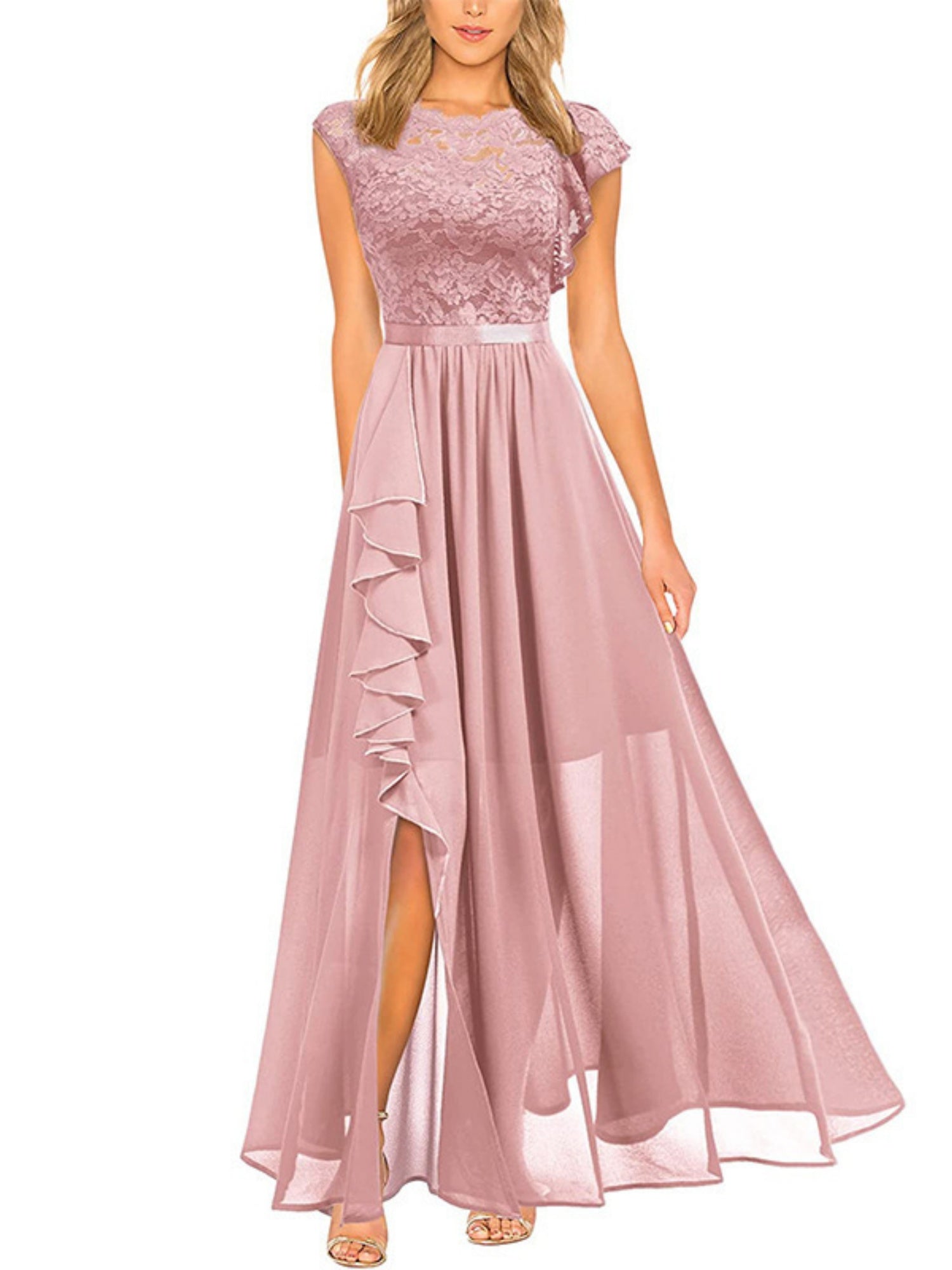 Lace Cutout Lace Patchwork Short-sleeved Long Dress