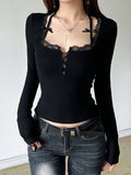 Lace Trim Square Neck Long-sleeved Top Button-down Halter Neck Tank Top