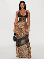 Leopard Print Lace Patchwork Deep V Halter Top Fish Tail Maxi Dresses