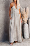 Halter Deep V Neck Ruched Bust Pinstripe Pocket High Slit Maxi Dress