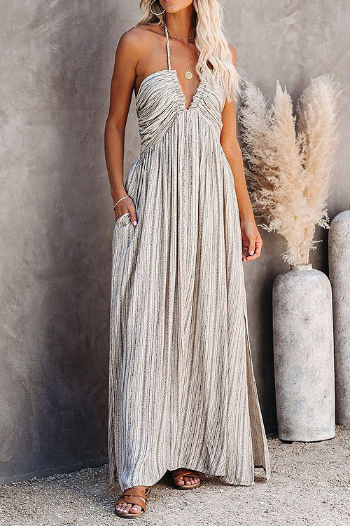 Halter Deep V Neck Ruched Bust Pinstripe Pocket High Slit Maxi Dress