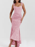 Jacquard Print Pleated Waist Spaghetti Strap Backless Mermaid Tail Maxi Dresses