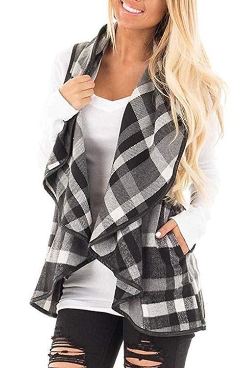 Pockets Plaid Jacket Vest