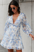 Floral Print Deep V-Neck Bishop Sleeve Tiered Ruffle Mini Dress