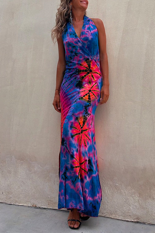 Cross V Neck Sleeveless Tie Dye Maxi Holiday Dress
