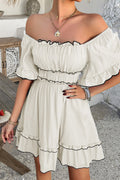 Contrast Trim Off Shoulder Ruffle Neck Smocked Waist Tiered Mini Dress