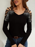 Rhinestone-studded Off-shoulder Hollow T-shirts