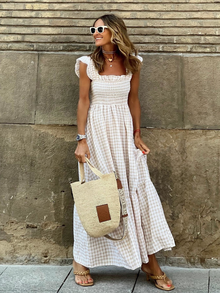 Patchwork Plaid Halter Elasticated Maxi Dress