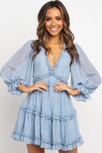 Micro Spotted Print Ruffle V-Neck Balloon Sleeve Tiered Ruffle Mini Dress