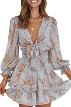 Tie Front Plunging V Neck Puff Sleeve Smocked Waist Tiered Ruffle Mini Dress