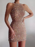 Sexy Halter Neck Crystal Tassel Bodycon Sequined Short Dress