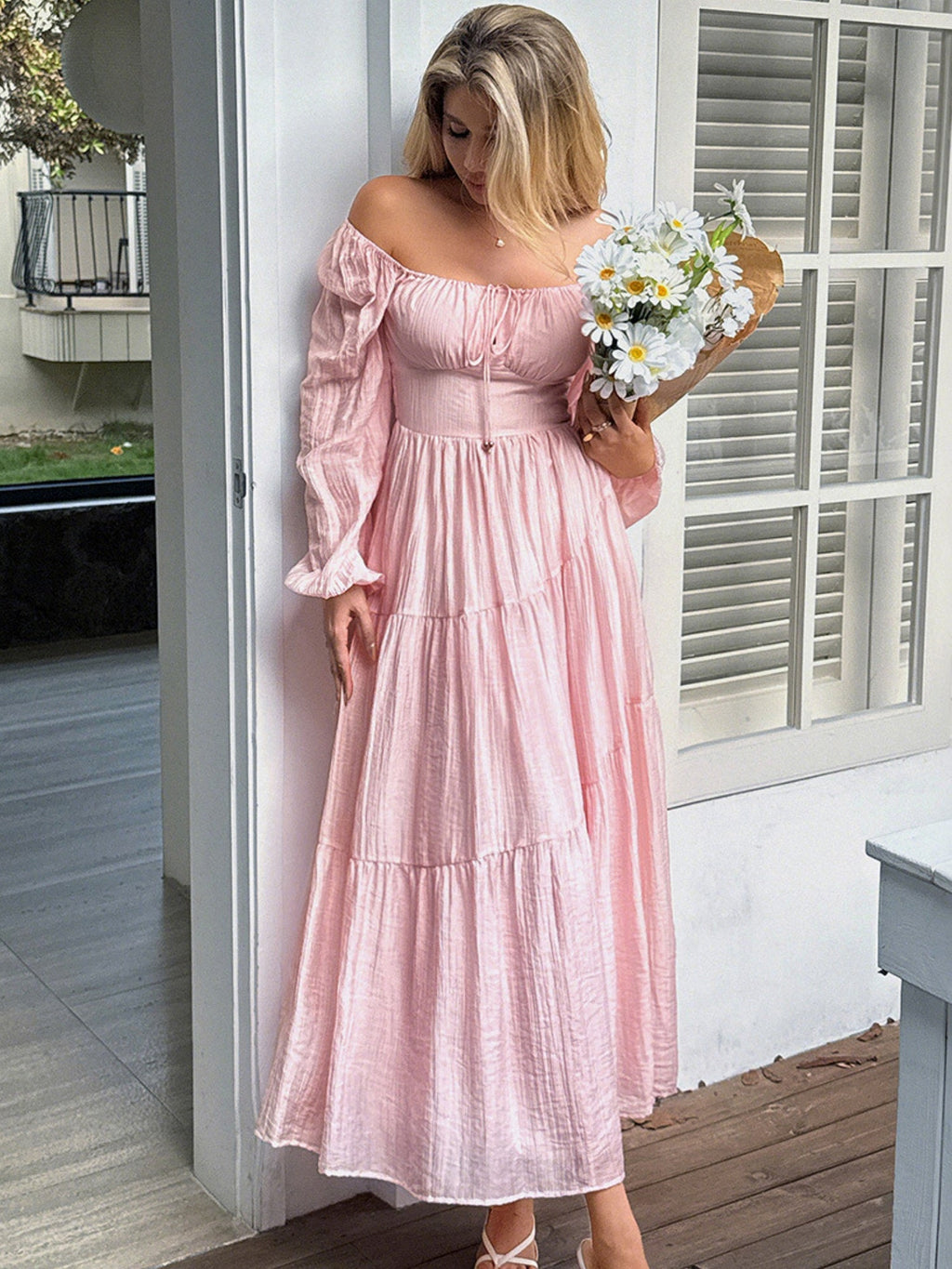 Straps Puff Sleeve U-neck Long Sleeve Maxi Dresses