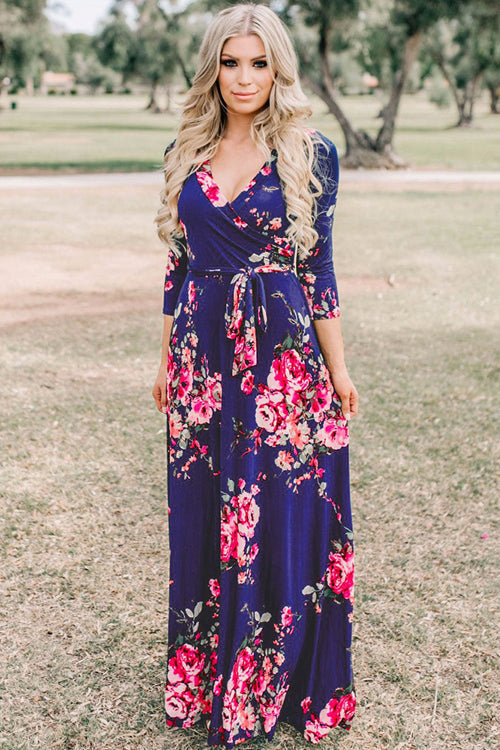 Wrap V-Neck Three Quarter Sleeve Tie Waist Floral Maxi Dress