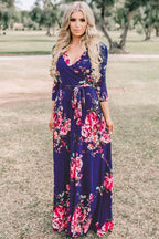 Wrap V-Neck Three Quarter Sleeve Tie Waist Floral Maxi Dress