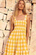 Gingham Square Neck Smocked Wide Strap Tiered Babydoll Maxi Dress