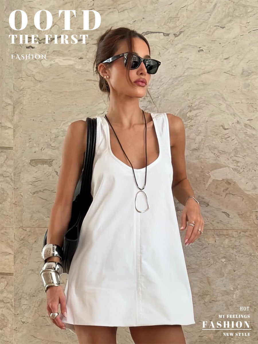 Pure Cotton U-neck Loose-fit Sleeveless A Mini&Short Dresses