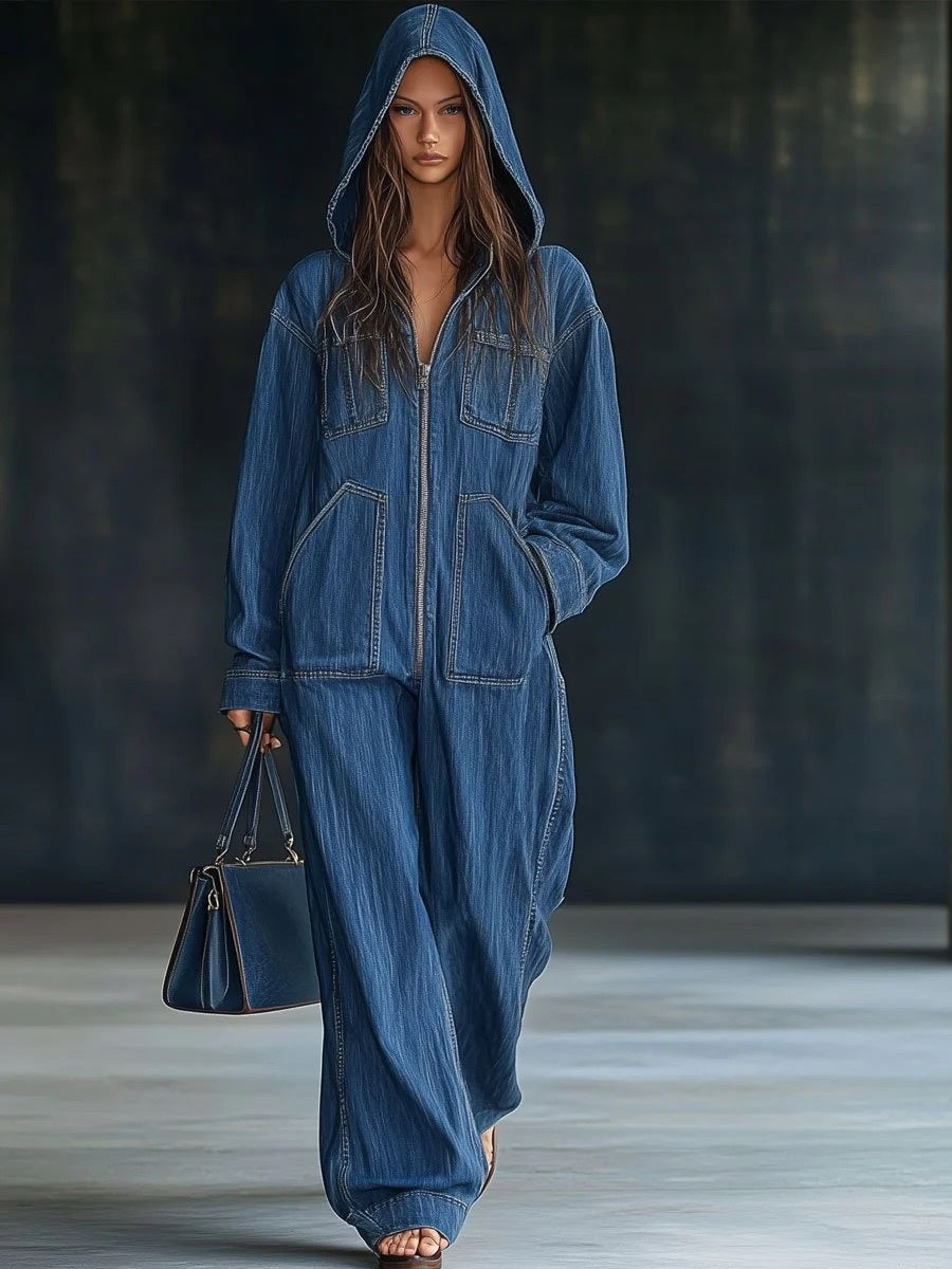 Style Zip-up Hooded Denim Jumpsuit With Large Pockets